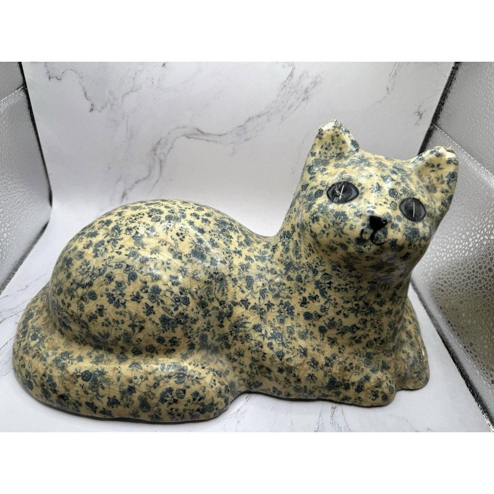 Vintage Decoupage Cat Figurine Blue Chintz Floral Fabric